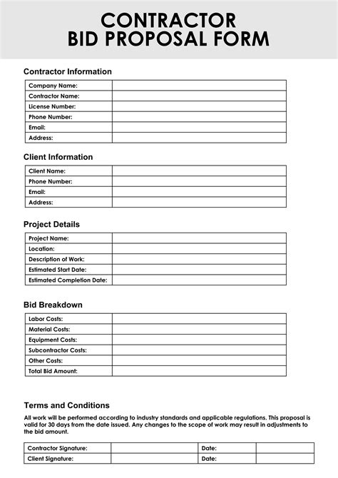 Free Printable Contractor Bid Forms