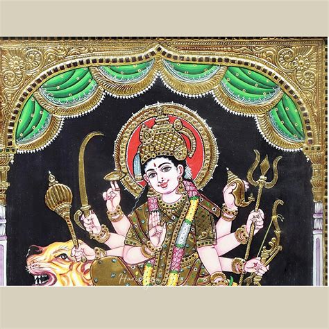 28" Ashtabhuja Durga Tanjore Painting with 24K Gold Detailing and Teak