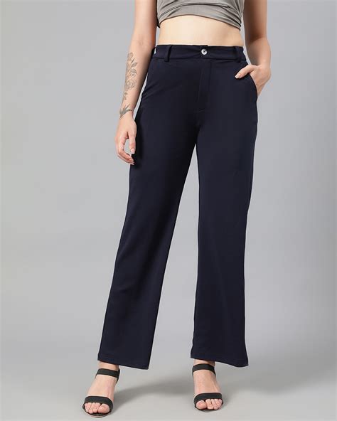 Buy Women's Navy Blue Straight Fit Trousers Online at Bewakoof