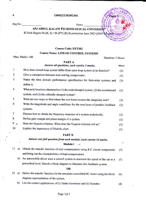 EET302 Linear Control Systems, JUNE 2023 - A Reg No.: 1200EET Name: (3 ...