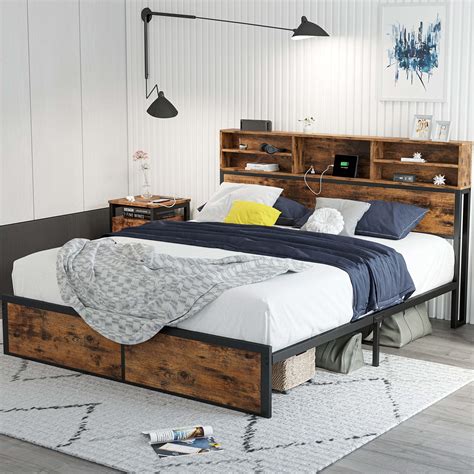 Amazon.com: IRONCK Full Size Bed Frame with Bookcase Headboard, Drawer ...
