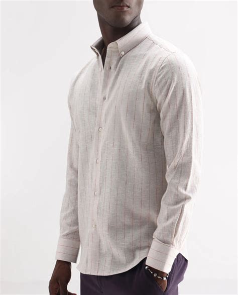 Rare Rabbit Men's Opis Off White Linen Blend Striped Print Regular Fit