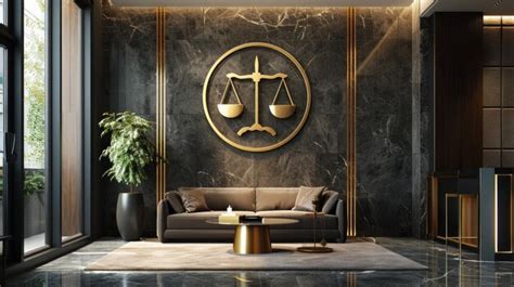 Modern law office interior featuring a stylish couch and symbolic ...
