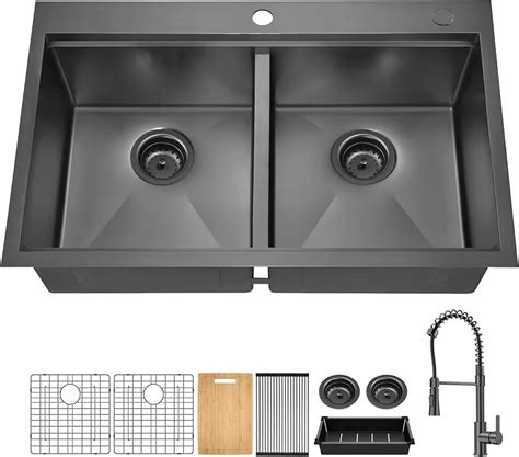 33 in. Drop-in Gunmetal Black Stainless Steel Double Bowl Dual Mount ...