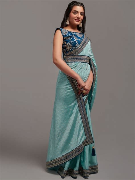 Buy Attractive Sky-Blue Chinnon Embroidered Party Wear Saree With ...