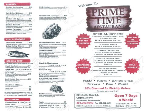 Menu at Prime Time Restaurant, Calgary