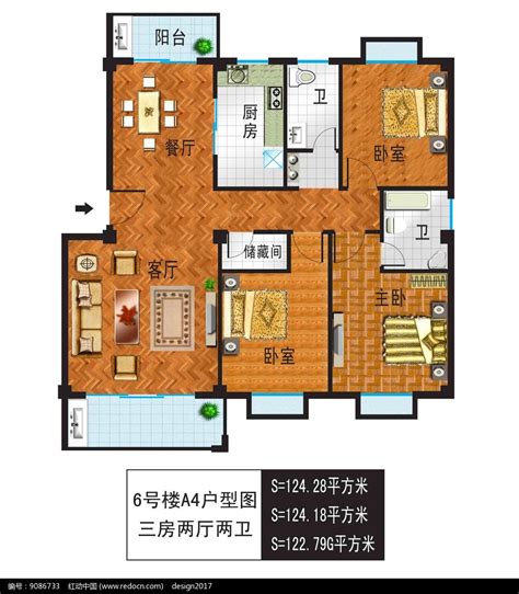 三房两厅户型图PSD素材免费下载_红动中国
