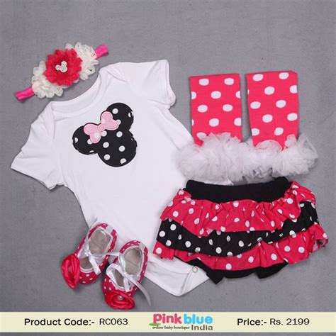 Pink, White and Black Minnie Mouse 5 Piece Baby Girl Romper Set with Dots