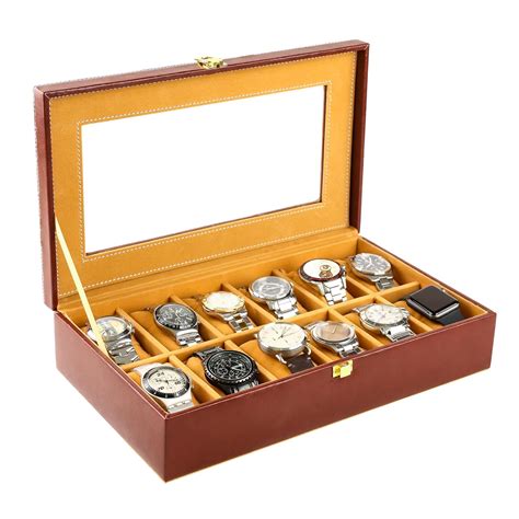 Watch Box Organizer – 12 Slot Display Case with Glass Lid, PU Leather ...
