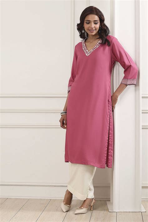 Buy Onion Pink Solid Straight Kurta Online at Biba India
