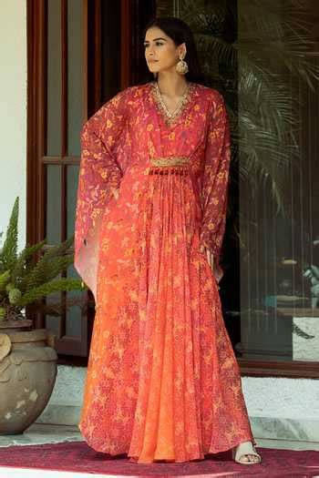 Buy Orange Crepe, Chiffon Sequins, Beads V-neck Floral Vine Print Ombre ...