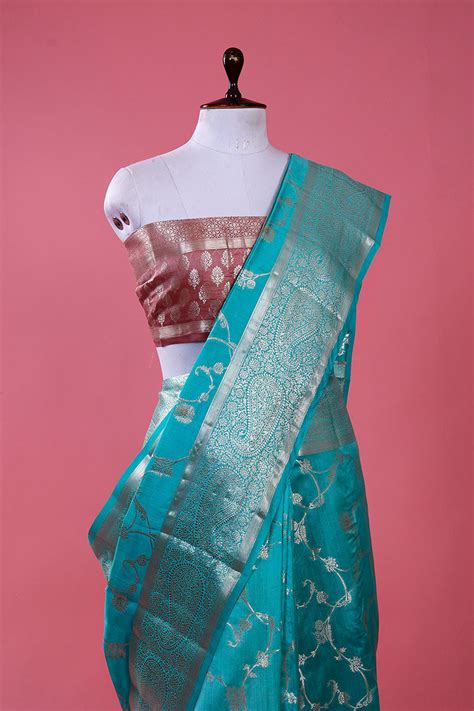 Sky Blue Floral Jaal Woven Chiniya Silk Saree – Chinaya Banaras