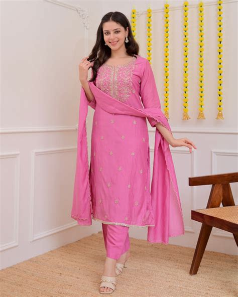 Onion Pink 3 Piece Festive Mul Chanderi Designer Suit Set For Women ...