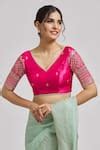 Buy Pink Silk Embroidery V-neck Floral Blouse For Women by Samyukta ...