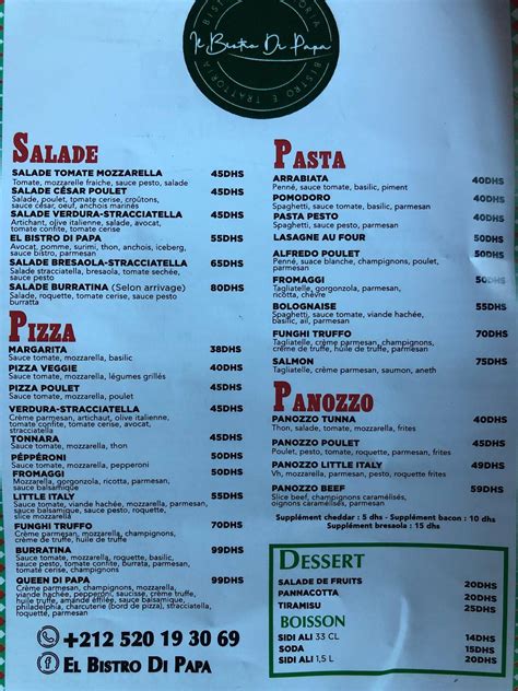 Menu au El bistro di papa restaurant, Casablanca