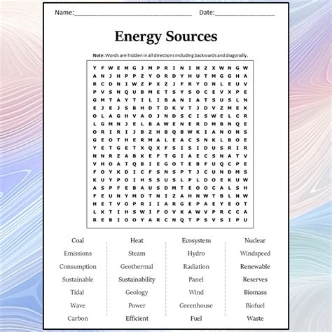 Energy Sources Word Search Puzzle Worksheet Activity PDF – PrintableBazaar