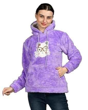 Buy LADYWILLINGTON Women Woolen Sweatshirt Fur Hoodie Solid Heavy ...