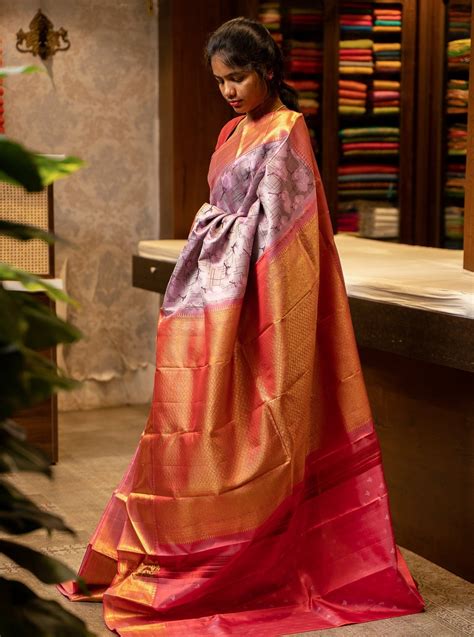 Lavender Tulip Floral Checks Woven Pure Kanjivaram Silk Sari – Clio Silks