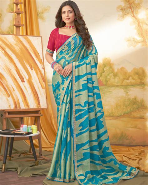 Vishal Prints Pacific Blue Designer Fancy Zari Brasso Saree With Borde