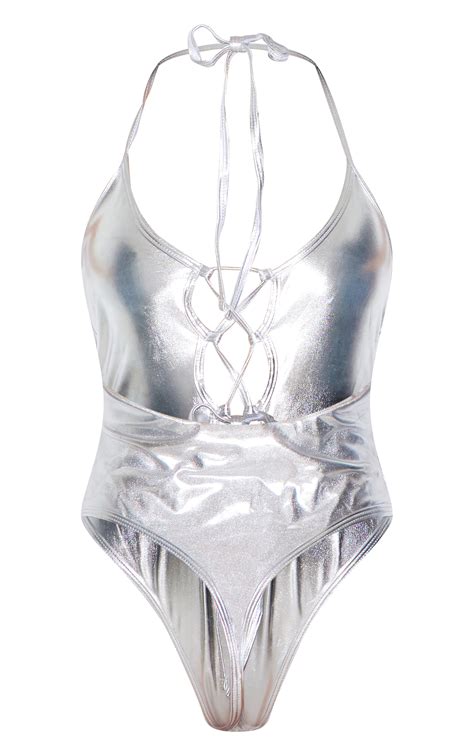 Silver Metallic Cut Out High Leg Swimsuit | Swimwear | PLT AUS