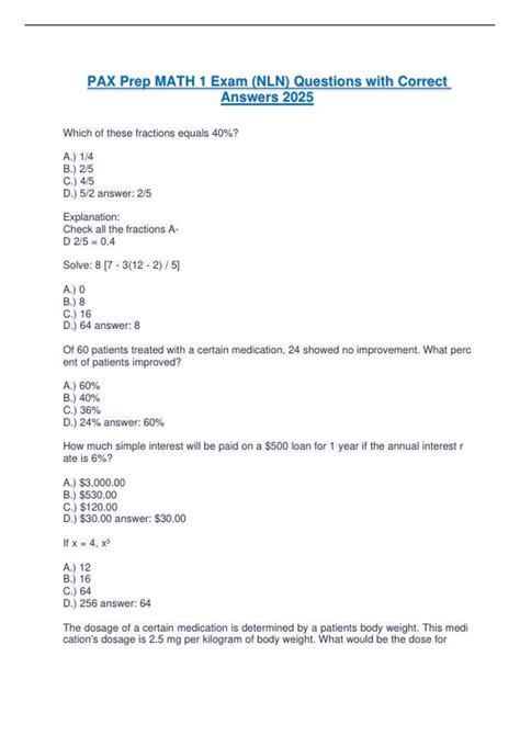PAX Prep MATH 1 Exam (NLN) Questions with Correct Answers 2025 - NLN ...