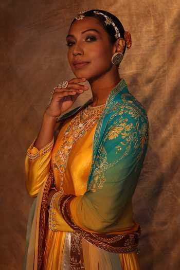 Buy Yellow Anarkali Gajji Silk, Dupatta Crepe Floral Print, Resham And ...