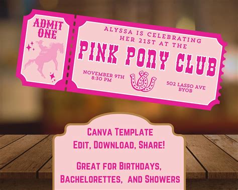 Pink Pony Club Ticket Invitation Canva Template for Personalization ...