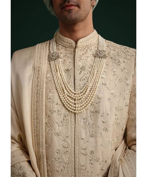 KALKI - Beige Silk Sherwani Set With Zardozi Work – Nikaza Asian Couture