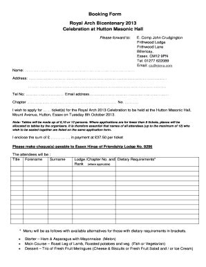 Fillable Online essex-lodges Booking Form Royal Arch Bicentenary 2013 ...