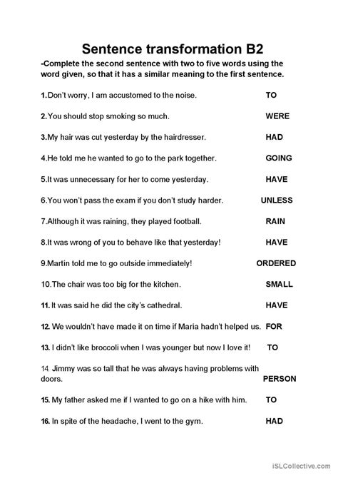 Sentence transformation B2: English ESL worksheets pdf & doc