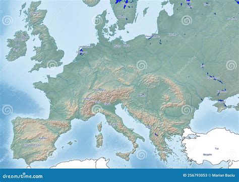 Map of Europe Continent Illustration with the Biggest Lakes Stock ...