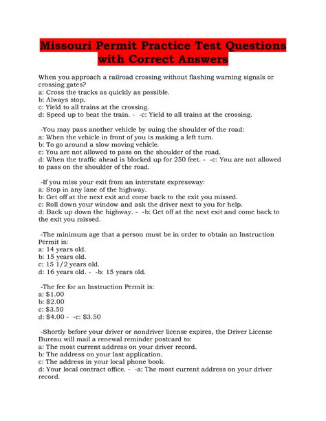 Missouri Permit Practice Test Questions with Correct Answers - DocMerit