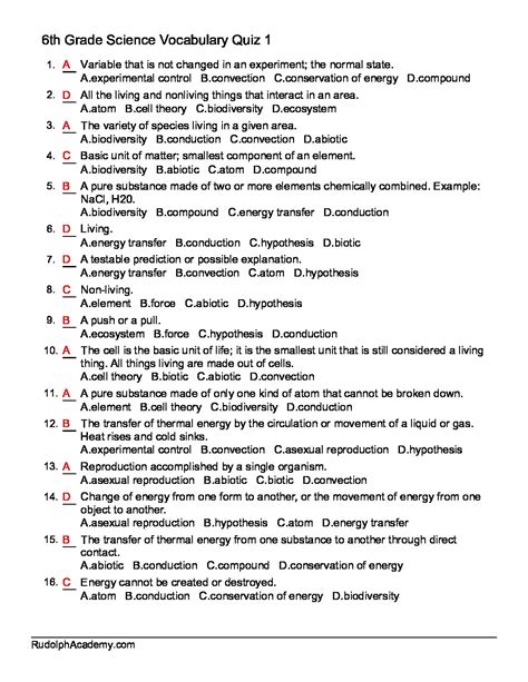 Grade 6 Science Terms Quiz 1 Answers - Academic Worksheets - FREE ...