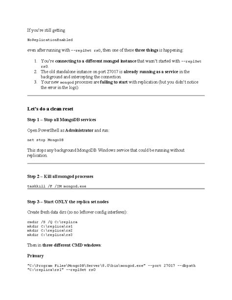MongoDB Replication Commands Guide: Troubleshooting & Setup - Studocu