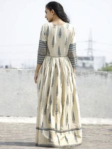 Naaz Aaira - Beige Teal Blue Black Hand Block Printed Long Cotton Angr ...