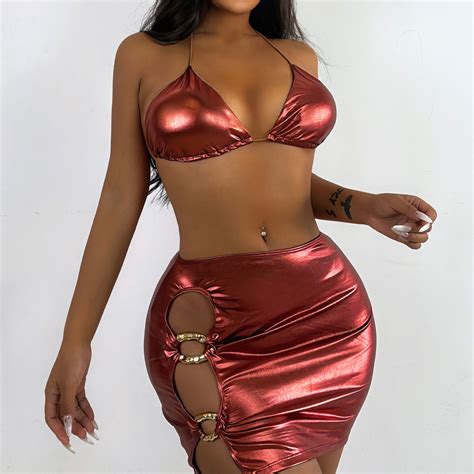 Sexy Maroon Color 3 Piece Swimsuit Women Triangle Bikini Skirt Set ...
