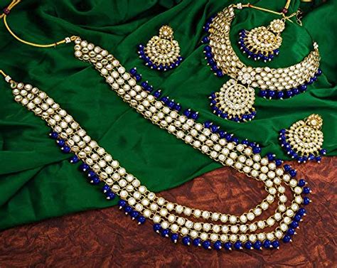 Peora 18K Gold Plated Kundan Faux Bead Bridal Necklace Jewellery Set ...