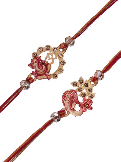 Set of 2 Red & Golden Lord Ganesha, Om Symbol Rakhis for Brother, Bhab ...