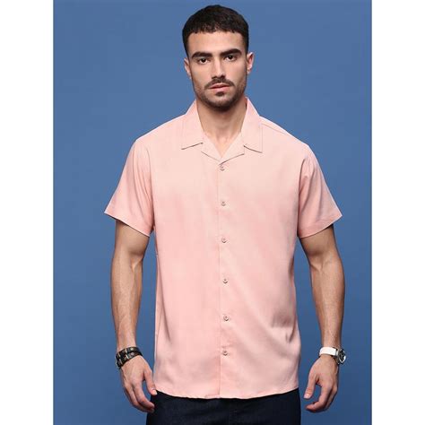Buy SHOWOFF Men Peach Solid Cuban Collar Relaxed Fit Shirt Online
