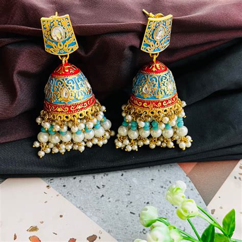 Gold Platted Sky Blue Dome Shaped Kundan Jhumkas – Arzzbyfarha