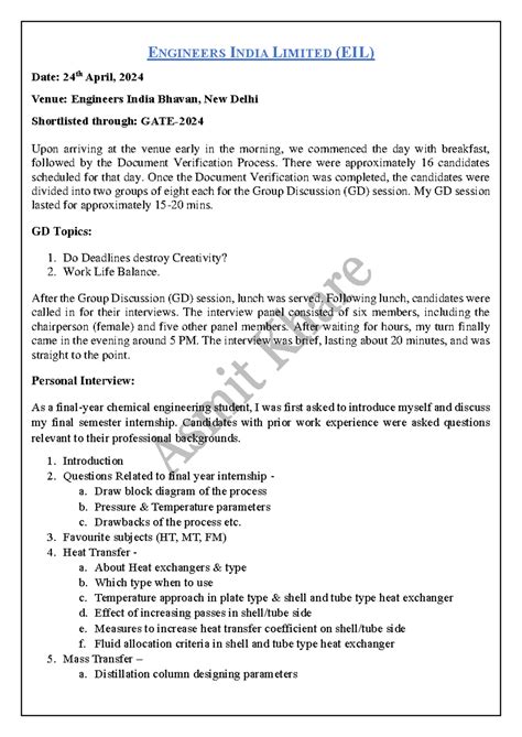 Interview Experiences for GATE-2024 Candidates: EIL, BARC, RIL - Studocu