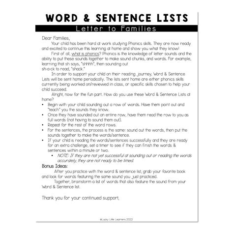 Parent Letter - Reading Phonics Word and Sentence Lists at Home - Lucky ...