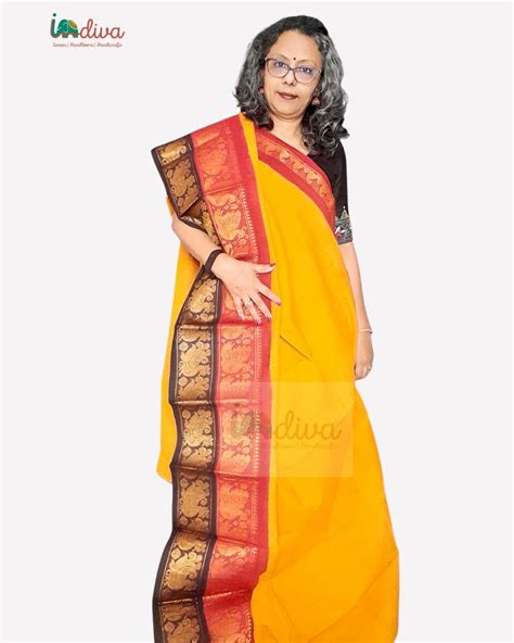 Yellow, Maroon & Black Double Border Sungudi Handloom Cotton Saree – Indiva