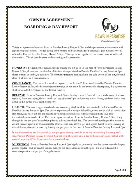 2018 Form GA Paws in Paradise Luxury Resort & Spa Owner Agreement Fill ...