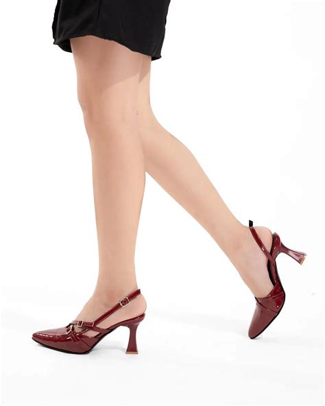 Pointed Closed Toe Slingback Heels Pumps with Buckles In Burgundy ...