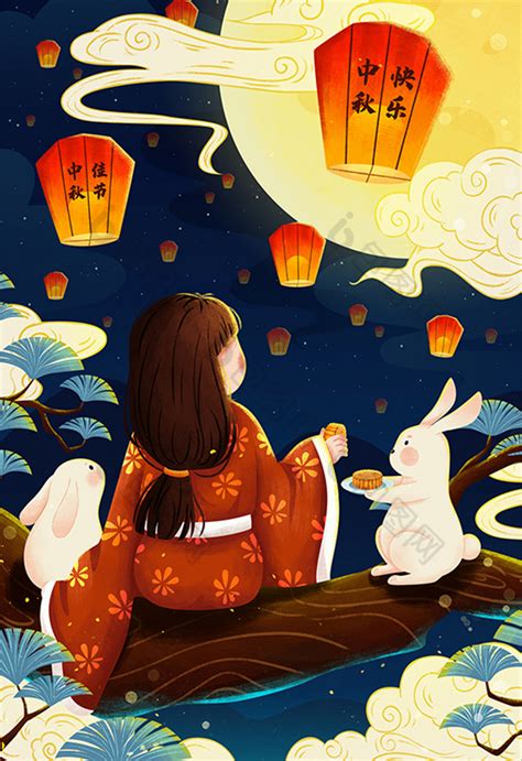 中秋节赏月吃月饼女孩与兔子插画图片-包图网