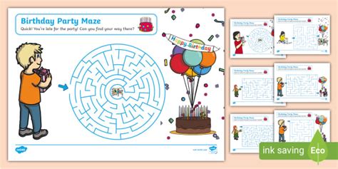 Birthday Party Maze Activity Worksheets (teacher made)