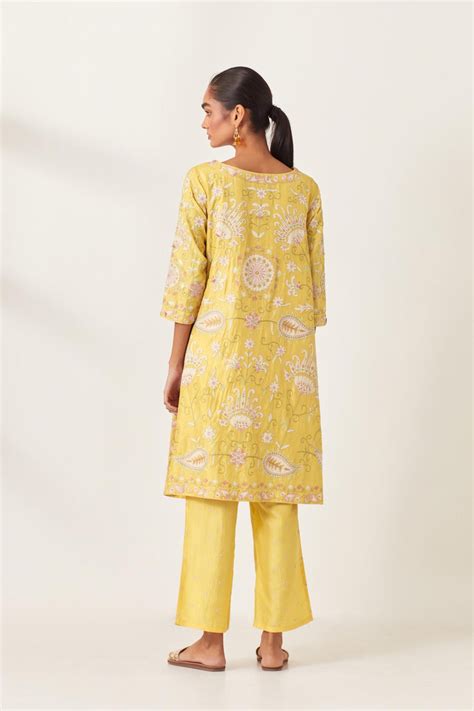 Yellow short A-line silk kurta set, fully embroidered with multi color ...