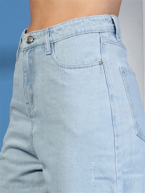 Light Indigo Wide Distressed Denim Jeans for Women