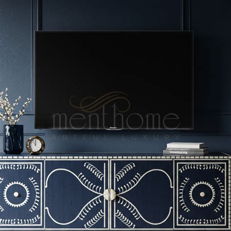 Navy Blue Inlay TV Cabinet with Artistic White Pattern | Luxury Handma ...